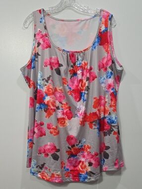 Women's Size 3X Floral Scoop Neck Tank Top Gray with Pink & Red Bloom T12